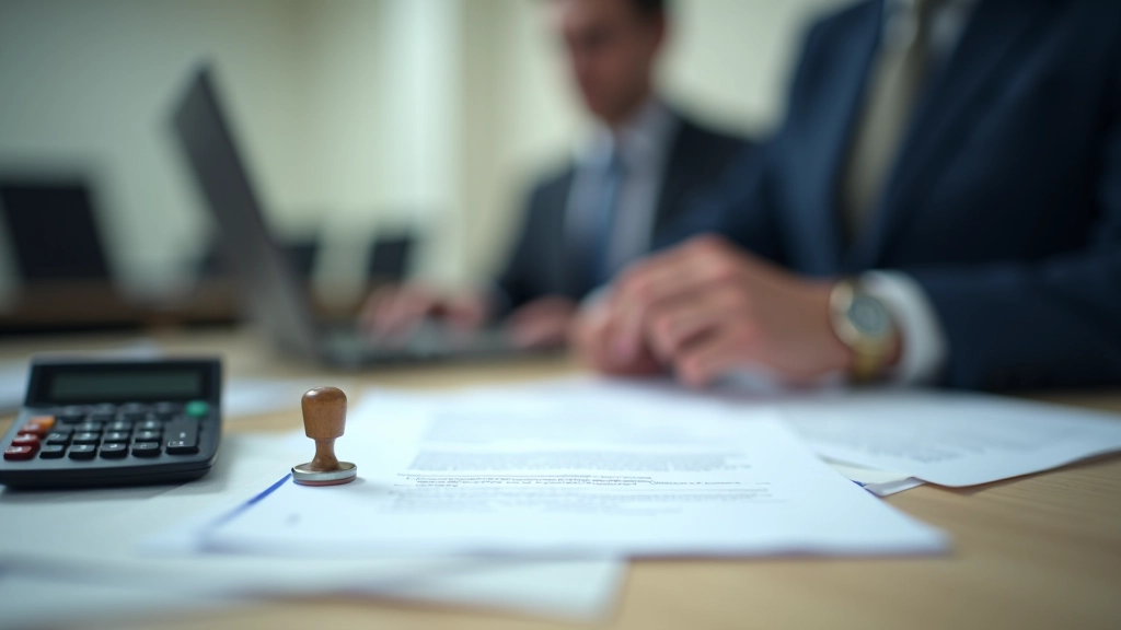 Úřední stůl s papíry, razítkem a kalkulačkou