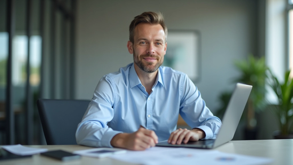 Muž středního věku v kanceláři pracuje na notebooku s finančními dokumenty