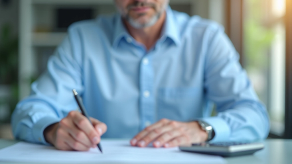 Senior muž v brýlích sedí u stolu se dokumenty, vypočítává si daňové úlevy na kalkulačce