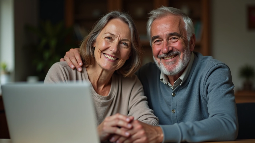 Starší pár se usmívá a sedí v obývacím pokoji, plánují si svou penzi na počítači