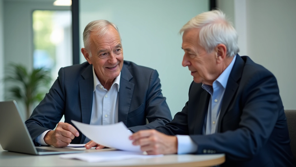 Starší pár pracující s finančním poradcem v kancelářském prostředí, prohlížející si dokumenty