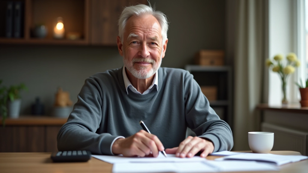 Důchodce sedící u stolu s papíry a kalkulačkou, plánuje výběr prostředků