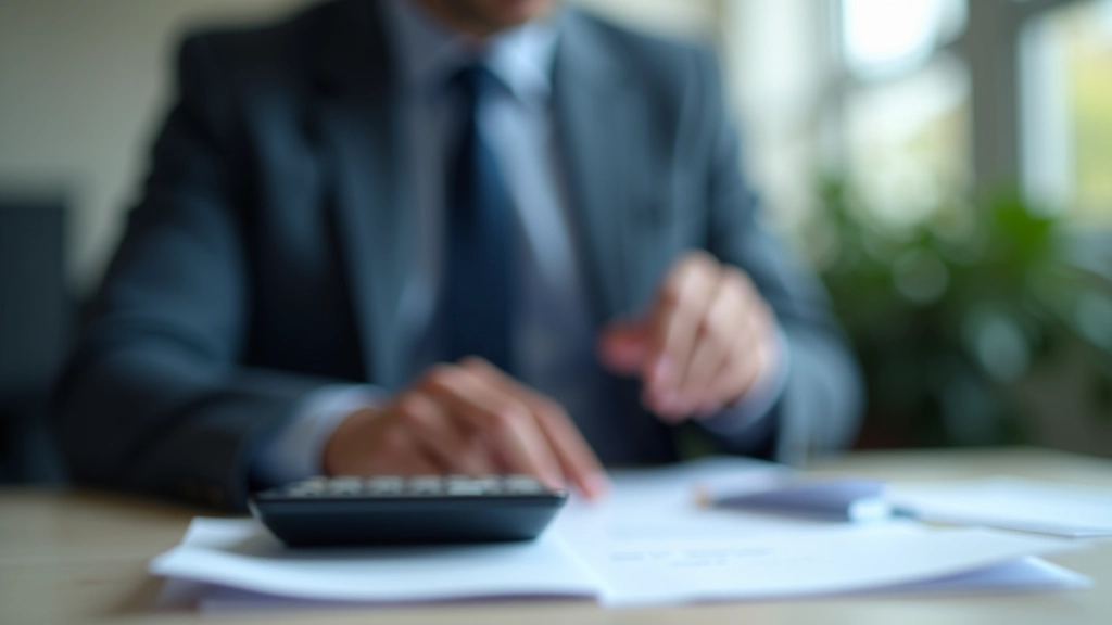Osoba při vyplňování daňového přiznání u stolu s kalkulačkou a dokumenty