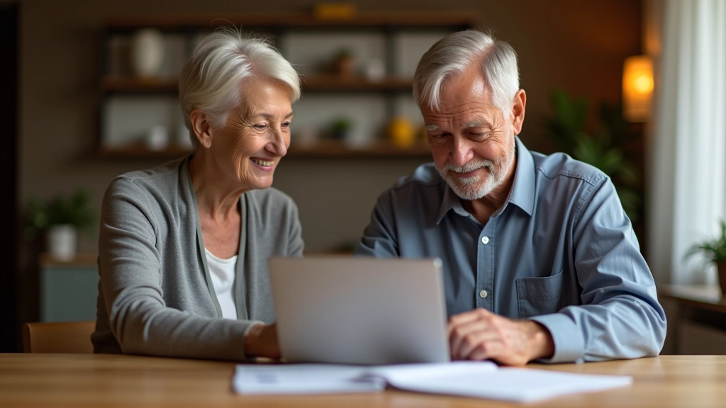Starší pár sedí u stolu s notebookem a finančními dokumenty