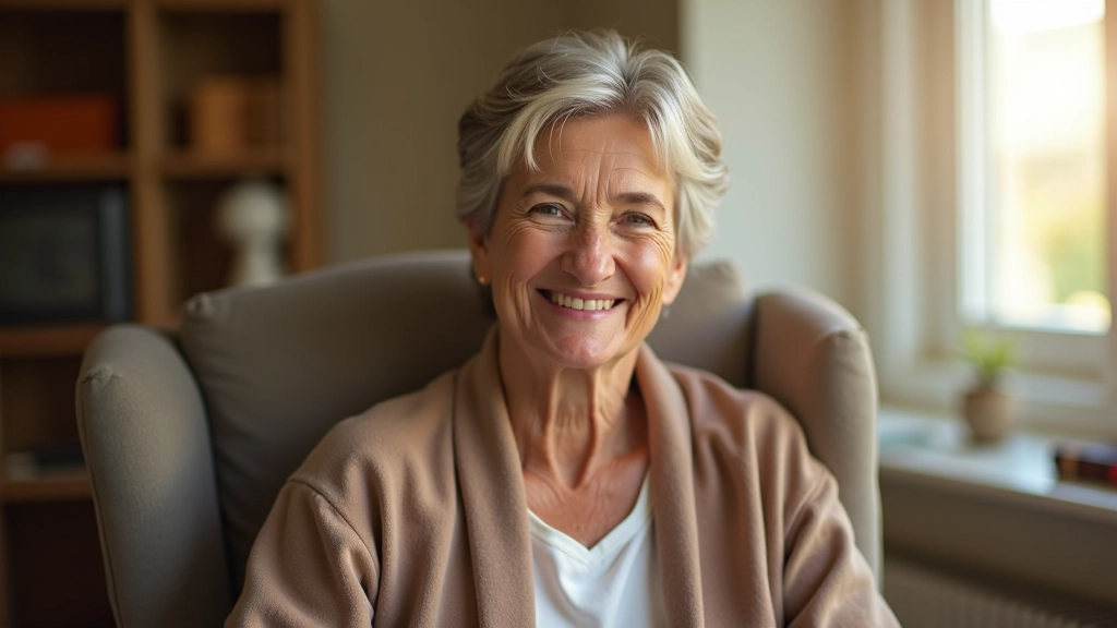 Žena středního věku s úsměvem sedí v domácnosti s moderním interiérem a pohledem ven z okna